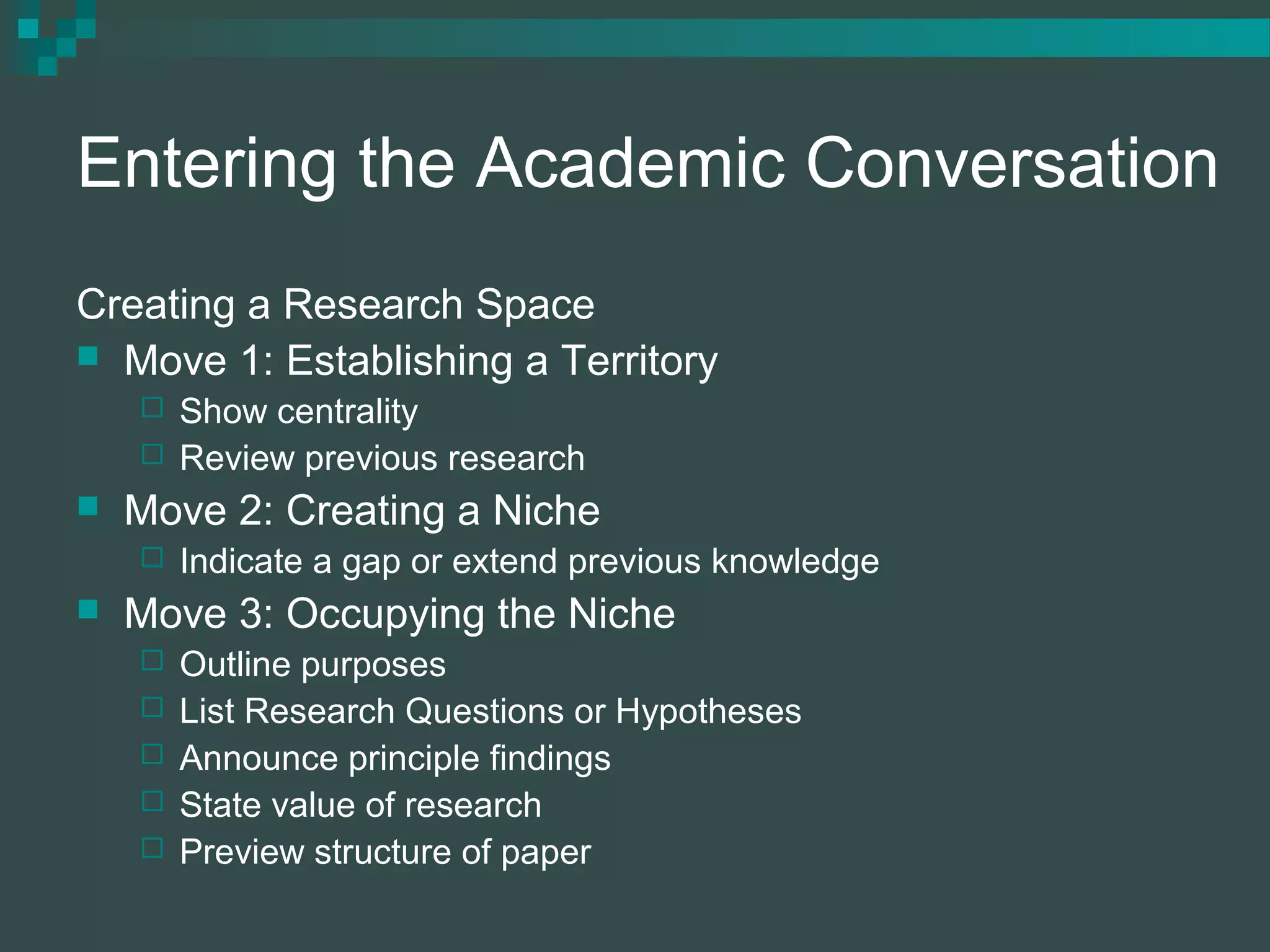 Entering the Academic Conversation
Creating a Research Space
 Move 1: Establishing a Territory
 Show centrality
 Review previous research
 Move 2: Creating a Niche
 Indicate a gap or extend previous knowledge
 Move 3: Occupying the Niche
 Outline purposes
 List Research Questions or Hypotheses
 Announce principle findings
 State value of research
 Preview structure of paper
 