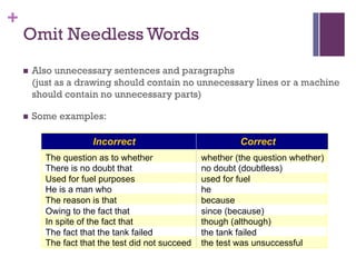 +
The question as to whether whether (the question whether)
There is no doubt that no doubt (doubtless)
Used for fuel purposes used for fuel
He is a man who he
The reason is that because
Owing to the fact that since (because)
In spite of the fact that though (although)
The fact that the tank failed the tank failed
The fact that the test did not succeed the test was unsuccessful
Incorrect Correct
Omit Needless Words
n Also unnecessary sentences and paragraphs
(just as a drawing should contain no unnecessary lines or a machine
should contain no unnecessary parts)
n Some examples:
 