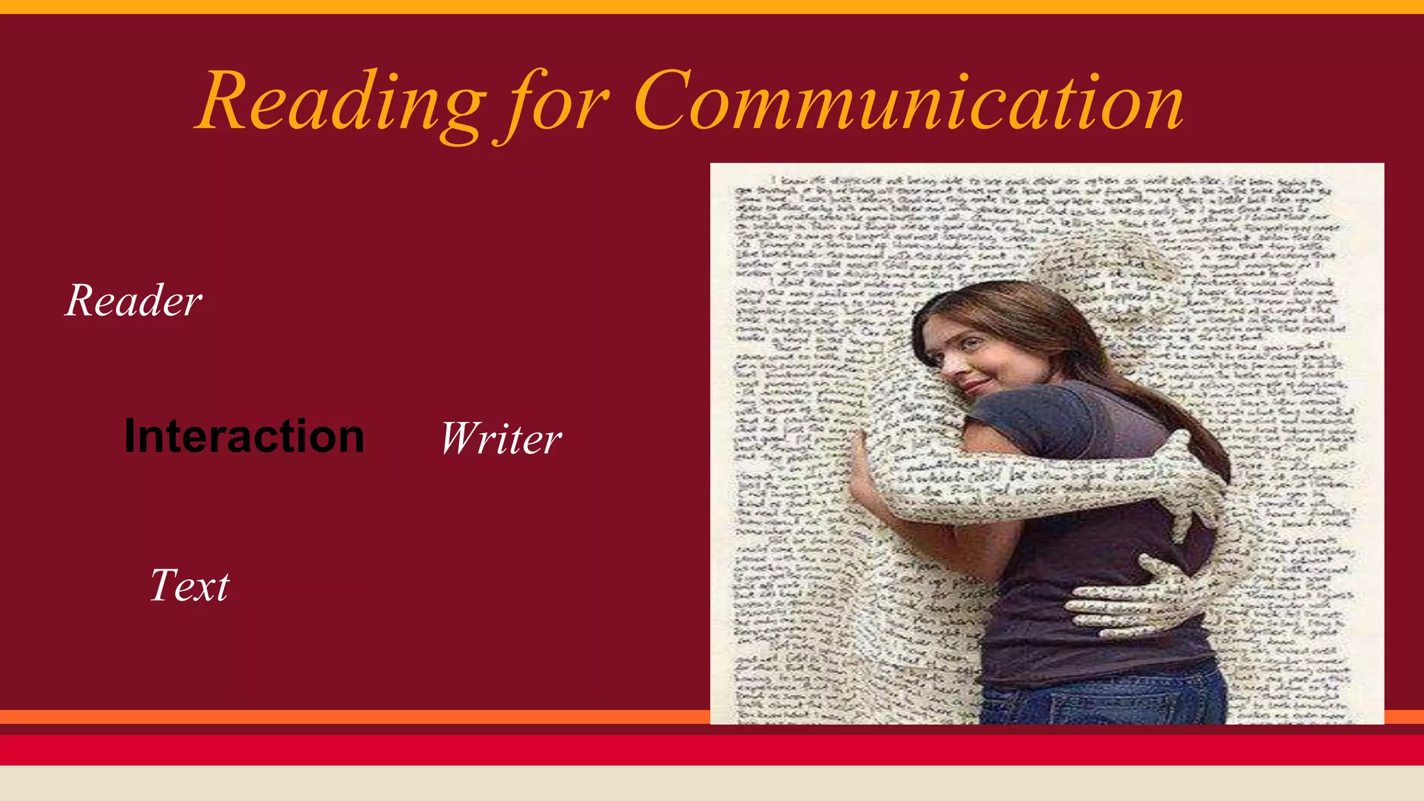 Reading for Communication 
Reader 
Interaction Writer 
Text 
 