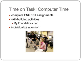 Time on Task: Computer Time
 complete ENG 101 assignments
 skill-building activities
 My Foundations Lab
 individualize attention
 