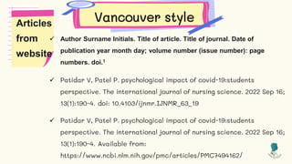 Vancouver style
Articles
from
website
 Author Surname Initials. Title of article. Title of journal. Date of
publication year month day; volume number (issue number): page
numbers. doi.1
 Patidar V, Patel P. psychological impact of covid-19:students
perspective. The international journal of nursing science. 2022 Sep 16;
13(1):190-4. doi: 10.4103/ijnmr.IJNMR_63_19
 Patidar V, Patel P. psychological impact of covid-19:students
perspective. The international journal of nursing science. 2022 Sep 16;
13(1):190-4. Available from:
https://www.ncbi.nlm.nih.gov/pmc/articles/PMC7494162/
 