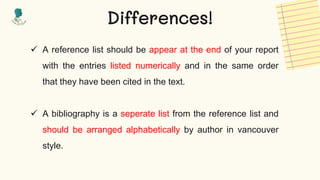 Differences!
 A reference list should be appear at the end of your report
with the entries listed numerically and in the same order
that they have been cited in the text.
 A bibliography is a seperate list from the reference list and
should be arranged alphabetically by author in vancouver
style.
 