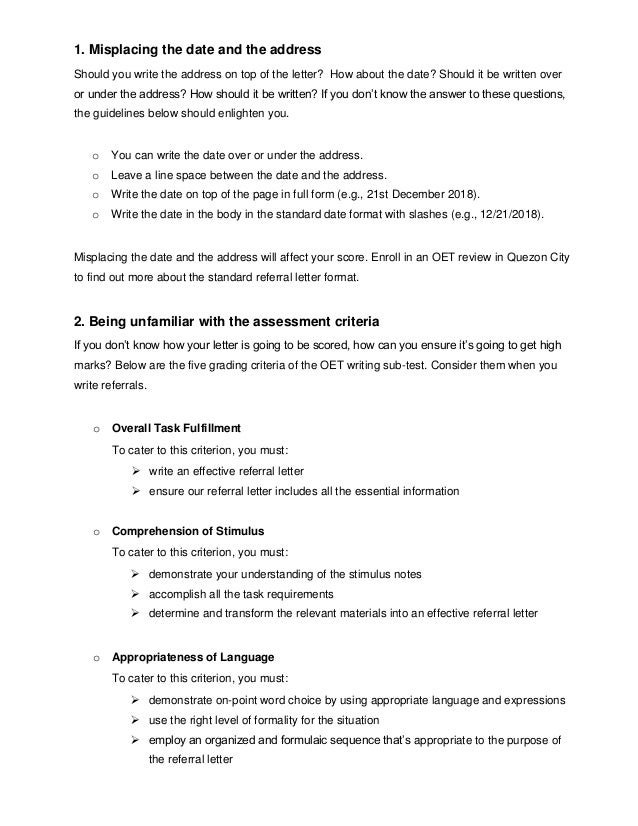 writing referral letters for oet 3 mistakes to avoid refferal letters