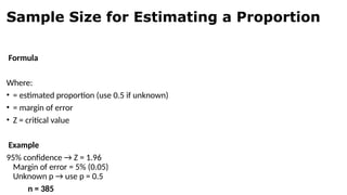 Sample Size for Estimating a Proportion
Formula
Where:
• = estimated proportion (use 0.5 if unknown)
• = margin of error
• Z = critical value
Example
95% confidence → Z = 1.96
Margin of error = 5% (0.05)
Unknown p → use p = 0.5
n = 385
 