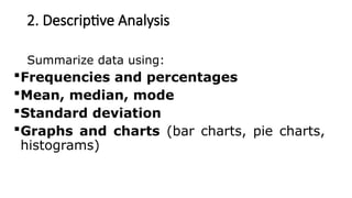 2. Descriptive Analysis
Summarize data using:
Frequencies and percentages
Mean, median, mode
Standard deviation
Graphs and charts (bar charts, pie charts,
histograms)
 