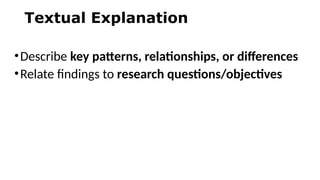 Textual Explanation
•Describe key patterns, relationships, or differences
•Relate findings to research questions/objectives
 