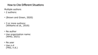 How to Cite Different Situations
Multiple authors
• 2 authors:
• (Brown and Green, 2020)
• 3 or more authors:
(Williams et al., 2019)
• No author
• Use organization name:
(WHO, 2021)
• No year
• Use n.d.
(FAO, n.d.)
 