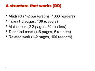 13
A structure that works [DD]
 Abstract (1-2 paragraphs, 1000 readers)
 Intro (1-2 pages, 100 readers)
 Main ideas (2-3 pages, 50 readers)
 Technical meat (4-6 pages, 5 readers)
 Related work (1-2 pages, 100 readers)
 