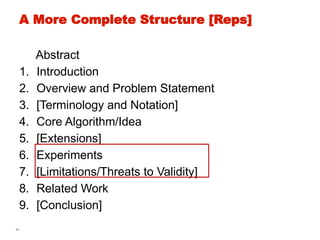 41
A More Complete Structure [Reps]
Abstract
1. Introduction
2. Overview and Problem Statement
3. [Terminology and Notation]
4. Core Algorithm/Idea
5. [Extensions]
6. Experiments
7. [Limitations/Threats to Validity]
8. Related Work
9. [Conclusion]
 