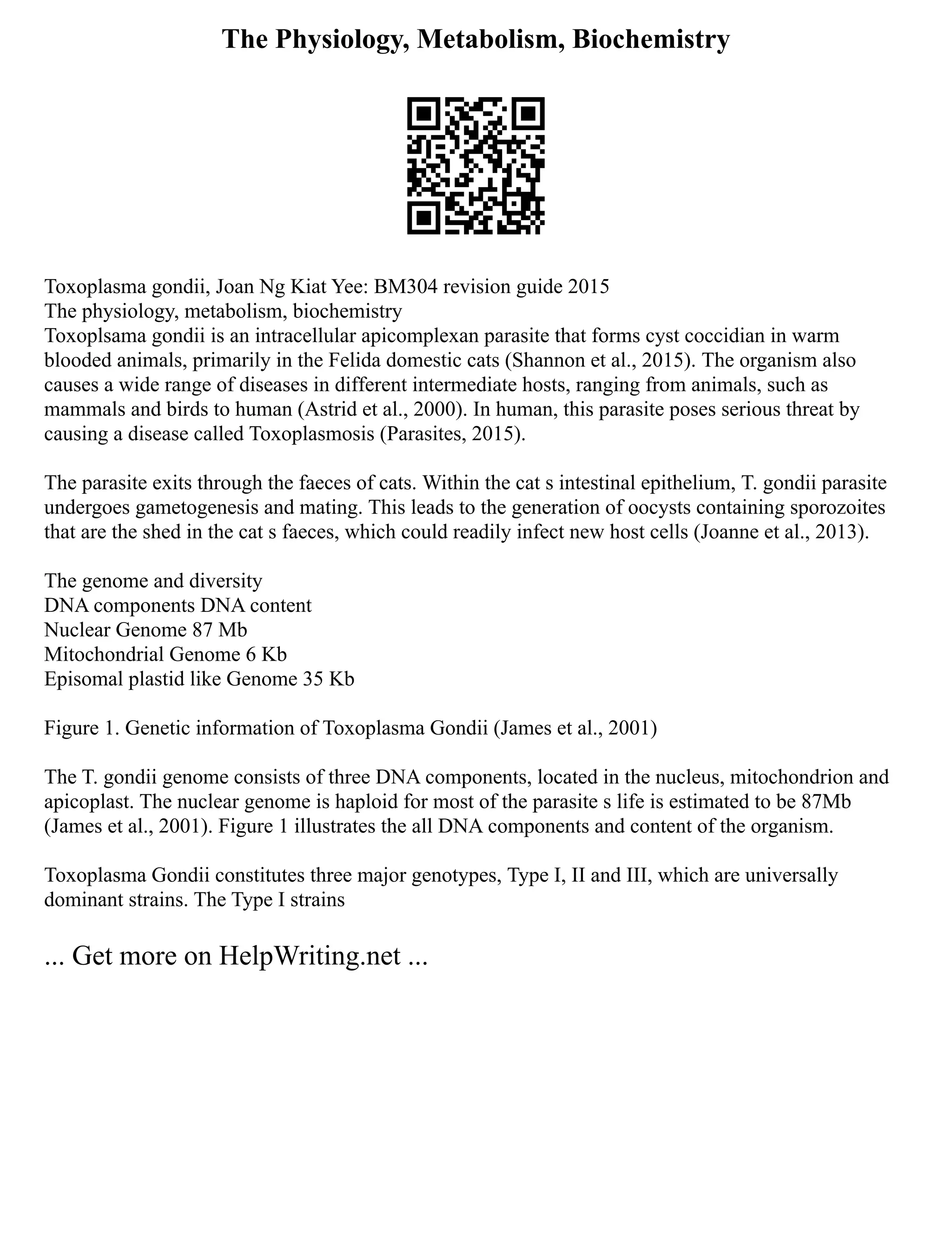 The Physiology, Metabolism, Biochemistry
Toxoplasma gondii, Joan Ng Kiat Yee: BM304 revision guide 2015
The physiology, metabolism, biochemistry
Toxoplsama gondii is an intracellular apicomplexan parasite that forms cyst coccidian in warm
blooded animals, primarily in the Felida domestic cats (Shannon et al., 2015). The organism also
causes a wide range of diseases in different intermediate hosts, ranging from animals, such as
mammals and birds to human (Astrid et al., 2000). In human, this parasite poses serious threat by
causing a disease called Toxoplasmosis (Parasites, 2015).
The parasite exits through the faeces of cats. Within the cat s intestinal epithelium, T. gondii parasite
undergoes gametogenesis and mating. This leads to the generation of oocysts containing sporozoites
that are the shed in the cat s faeces, which could readily infect new host cells (Joanne et al., 2013).
The genome and diversity
DNA components DNA content
Nuclear Genome 87 Mb
Mitochondrial Genome 6 Kb
Episomal plastid like Genome 35 Kb
Figure 1. Genetic information of Toxoplasma Gondii (James et al., 2001)
The T. gondii genome consists of three DNA components, located in the nucleus, mitochondrion and
apicoplast. The nuclear genome is haploid for most of the parasite s life is estimated to be 87Mb
(James et al., 2001). Figure 1 illustrates the all DNA components and content of the organism.
Toxoplasma Gondii constitutes three major genotypes, Type I, II and III, which are universally
dominant strains. The Type I strains
... Get more on HelpWriting.net ...
 