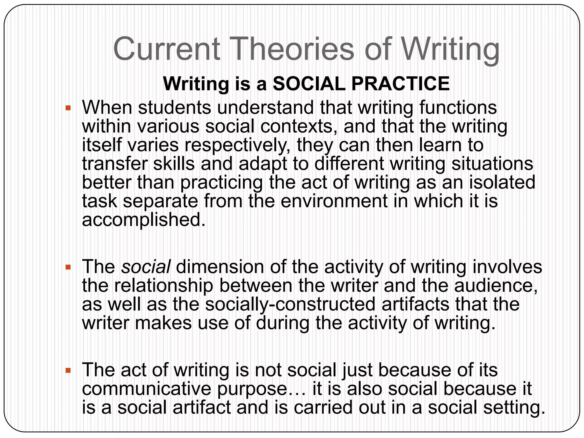the senior research project has become an educational curiosity, something rarely assigned because teachers do not have time to correct such projects. StatisticsAt grades 4, 8, and 12, about one student in five produces completely unsatisfactory prose, about 50 percent meet "basic" requirements, and only one in five can be called "proficient.”