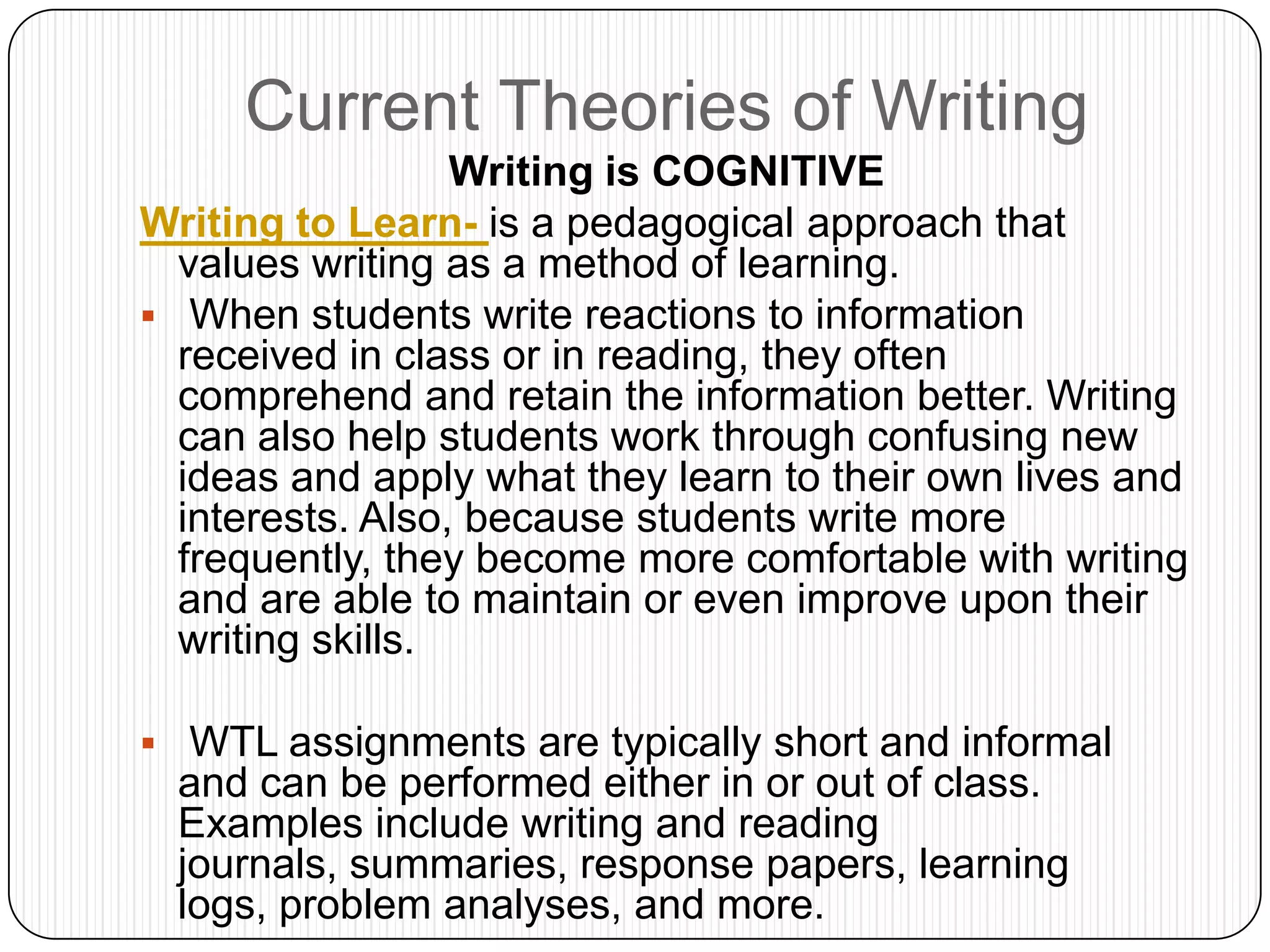 By the first year of college, more than 50 percent of the freshman class are unable to produce papers relatively free of language errors or to analyze arguments or synthesize information.ConclusionsThese statistics demonstrate that schools across the nation are in drastic need of changing their writing instruction policies and techniques.  The writing commission states clearly:“Although there is much good work taking place in our classrooms, the quality of writing must be improved if students are to succeed in college and in life.” 