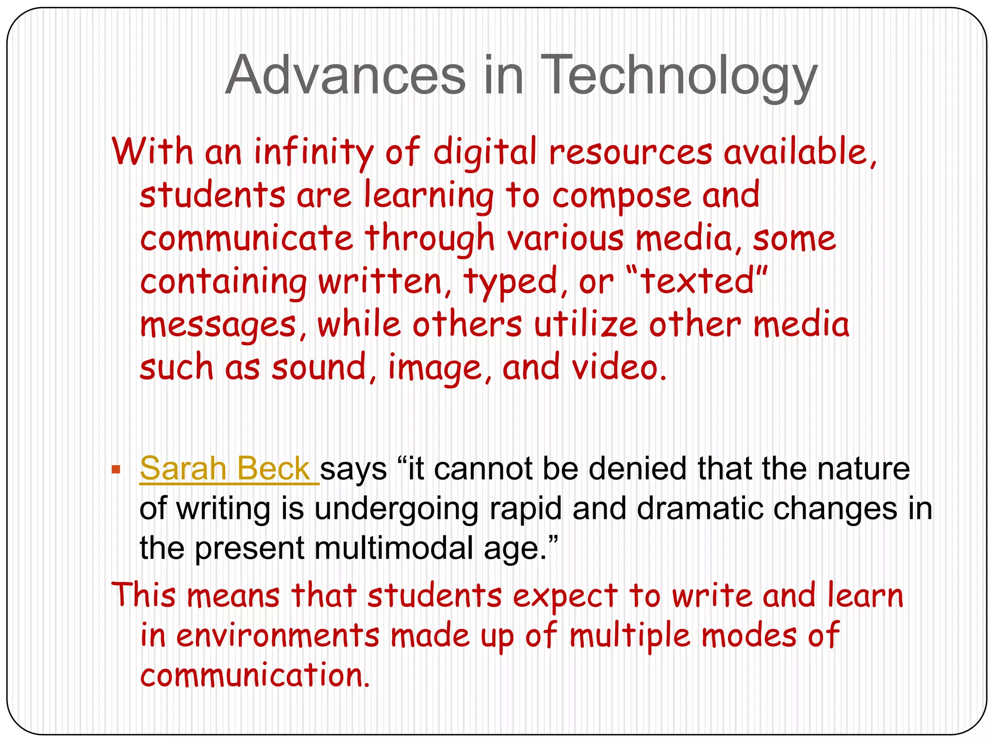 Congress would provide the financial resources necessary for the additional time and personnel required to make writing a centerpiece in the curriculum. The Strategy of the Revolution--According to the National Commission on Writing2.  Assessment RedesignAssessment of writing competence must be fair and authentic.  In other words, it should be thoughtful and not performed in an “assembly line” fashion. 