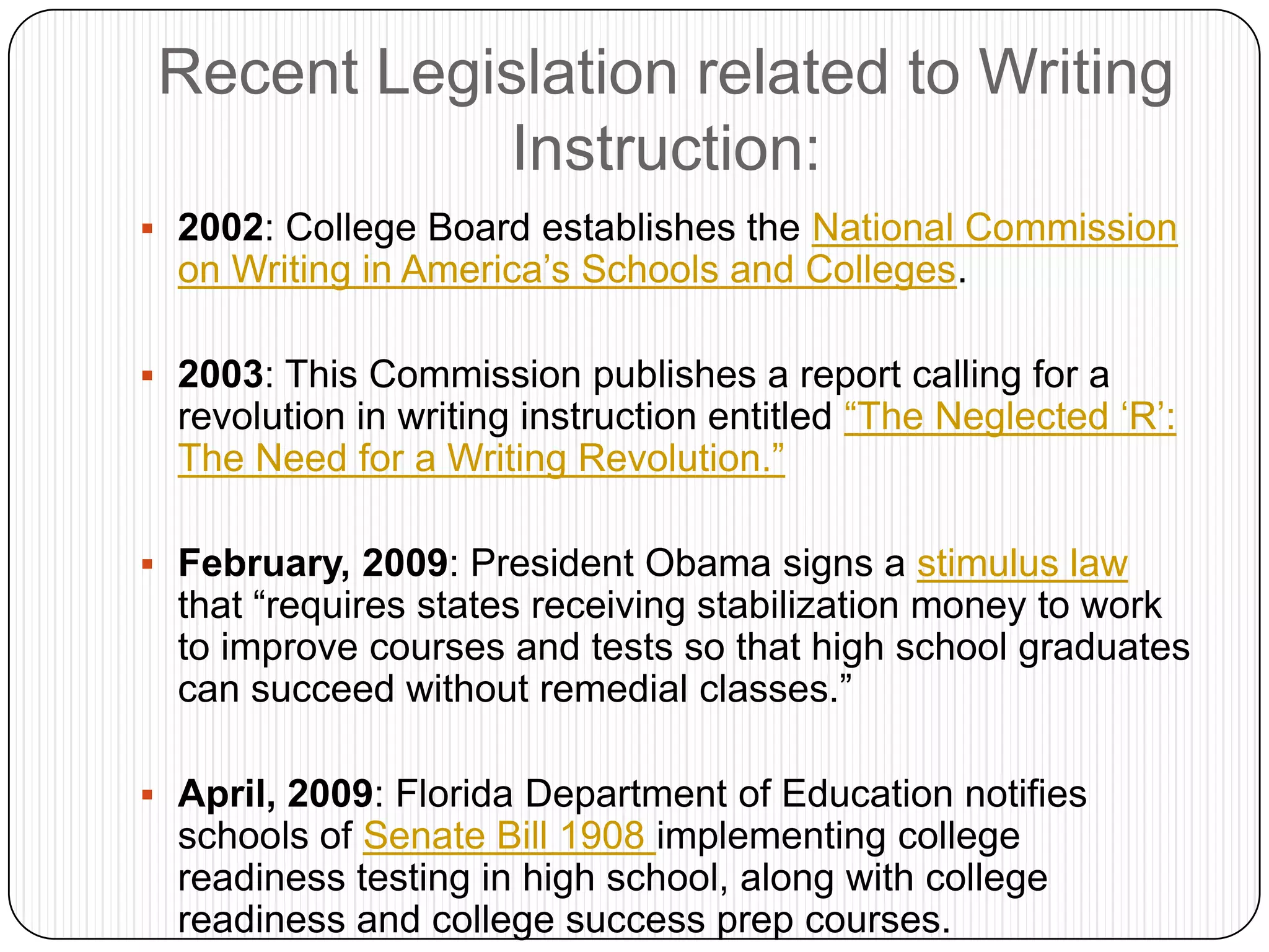 To suggest new instructional goals proven to increase learning proficiency in writing skills.