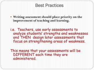 Best Practices

 Writing assessment should place priority on the
 improvement of teaching and learning.

i.e. Teachers, use early assessments to
  analyze students’ strengths and weaknesses
  and THEN design later assessments that
  focus on strengthening areas of weakness.

This means that your assessments will be
 DIFFERENT each time they are
 administered.
 