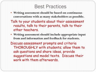 Best Practices
 Writing assessment should be based on continuous
  conversations with as many stakeholders as possible.
Talk to your students about their assessment
 results, talk to their parents, talk to their
 other teachers.
 Writing assessment should include appropriate input
  from and information and feedback for students.
Discuss assessment prompts and criteria
 THOROUGHLY with students; allow them to
 ask questions and share ideas, provide
 suggestions and model texts. Discuss their
 work with them afterwards.
 