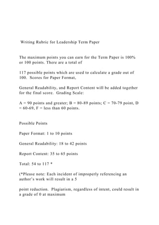Writing Rubric for Leadership Term Paper
The maximum points you can earn for the Term Paper is 100%
or 100 points. There are a total of
117 possible points which are used to calculate a grade out of
100. Scores for Paper Format,
General Readability, and Report Content will be added together
for the final score. Grading Scale:
A = 90 points and greater; B = 80-89 points; C = 70-79 point, D
= 60-69, F = less than 60 points.
Possible Points
Paper Format: 1 to 10 points
General Readability: 18 to 42 points
Report Content: 35 to 65 points
Total: 54 to 117 *
(*Please note: Each incident of improperly referencing an
author’s work will result in a 5
point reduction. Plagiarism, regardless of intent, could result in
a grade of 0 at maximum
 