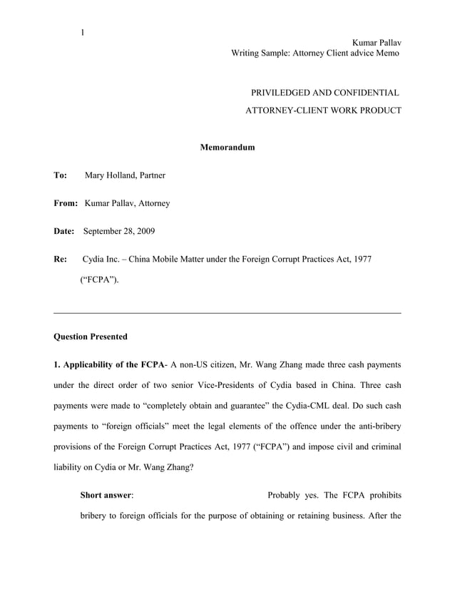 Writing sample Attorney Client advise Memo PDF