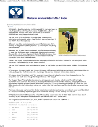 Machtaler Matches Nation's No. 1 Golfer | The Official Site of BYU Athletics          http://byucougars.com/m-golf/machtaler-matches-nations-no-1-golfer




                                                         Machtaler Matches Nation's No. 1 Golfer


           Brandon Olson | BYU Athletic Communications | Posted Feb 25, 2005
           Tags: Results


              WAHIAWA -- Greg Machtaler led the 10th-ranked BYU men's golf team to
              a fourth-place finish with his performance at the 2005 John A. Burns
              Intercollegiate, shooting some of his best rounds of the season
              (68-66-69) and earning second-place honors.

              The final round of the tournament found Machtaler paired with the
              nation's two best collegiate golfers: New Mexico's Spencer Levin (No. 1)
              and UNLV's Ryan Moore (No. 2).

              "[Moore]'s one of the greatest players I've seen," Machtaler said. "He's
              amazing on the greens. I certainly learned a lot watching him play during
              this tournament."

              Machtaler, No. 29 in the nation, finished this year's tournament shooting
              13 under par. He finished seven strokes back of tournament champion
              Moore and in a tie for second place with Levin. Machtaler's second-place
                                                                                             Machtaler finishes second at the 2005 John A. Burns Intercollegiate
              finish and tournament score (203) marks his second best finish and
              tournament score of his collegiate career.

              "I think it was a great experience for Machtaler," said head coach Bruce Brockbank. "He held his own through the entire
              tournament. He really stepped up and played great golf."

              The final round presented some surprises for the golfers as they battled light wind and scattered showers throughout the
              day.

              BYU came out strong and played well through 15 holes in the final round before the rain dampened the Cougars' hopes for
              a title, as they ended the final round with a 6-under-par 282, just one stroke shy of third-place Arizona.

              "We played decent," Brockbank said. "We were right there at the end, but we let some shots slip away from us. The
              competition was really close through 15. We just finished a little sloppy."

              The Cougars' Oscar Alvarez had a strong showing at this year's event, shooting a final-round 71 and finishing the
              tournament seven under par. Ron Harvey, Jr. made significant improvements over the three days, dropping two strokes
              each day and finishing at three under par, while Jake Ellison shot a 73 in the final round and ended at 1 under par. Todd
              Miller played well in the first two days, but ran into trouble in the final round scoring a 76 and ending the tournament three
              over par.

              Playing as individuals, sophomore Nick Becker attracted some attention as he shot a career-best 6-under-par 210 and tied
              for 17th place, while Clay Ogden struggled in the final round, shooting a 77 and finishing four over par.

              BYU (839) finished behind first-place No. 4 New Mexico (833), second-place No. 16 UNLV (835) and third-place No. 31
              Arizona (838), but managed to hold a two-stroke lead over fifth-place No. 5 Auburn (841).

              The Cougars travel to Thousand Oaks, Calif. for the Cleveland Golf Classic Feb. 28-March 1.
              Leilehua Golf Course - Par 72 - 6,916 yards

              TEAM RESULTS (Top 15 of 22 universities)

              1.      New Mexico                        274-275-284--833

              2.      UNLV                              274-282-279--835

              3.      Arizona                           278-275-285--838

              4.      BYU                               286-271-282--839

              5.      Auburn                            283-281-277--841

              6.      SDSU                              280-280-283--843




1 of 2                                                                                                                                                         10/5/2011 9:21 AM
 
