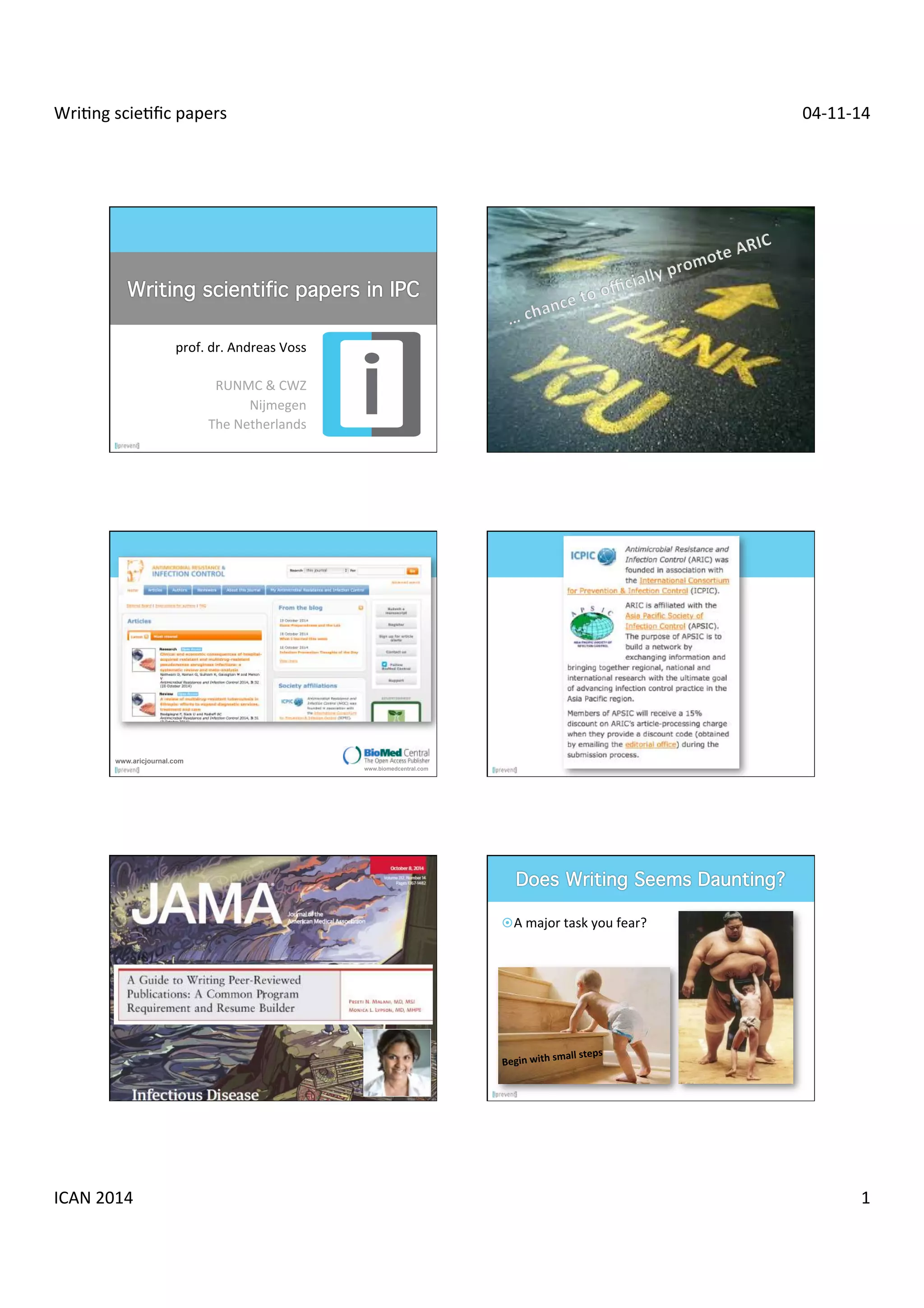 Wri$ng 
scie$fic 
papers 
04-­‐11-­‐14 
prof. 
dr. 
Andreas 
Voss 
RUNMC 
& 
CWZ 
Nijmegen 
The 
Netherlands 
www.aricjournal.com 
www.biomedcentral.com 
¤ A 
major 
task 
you 
fear? 
Begin 
with 
small 
steps 
ICAN 
2014 
1 
 