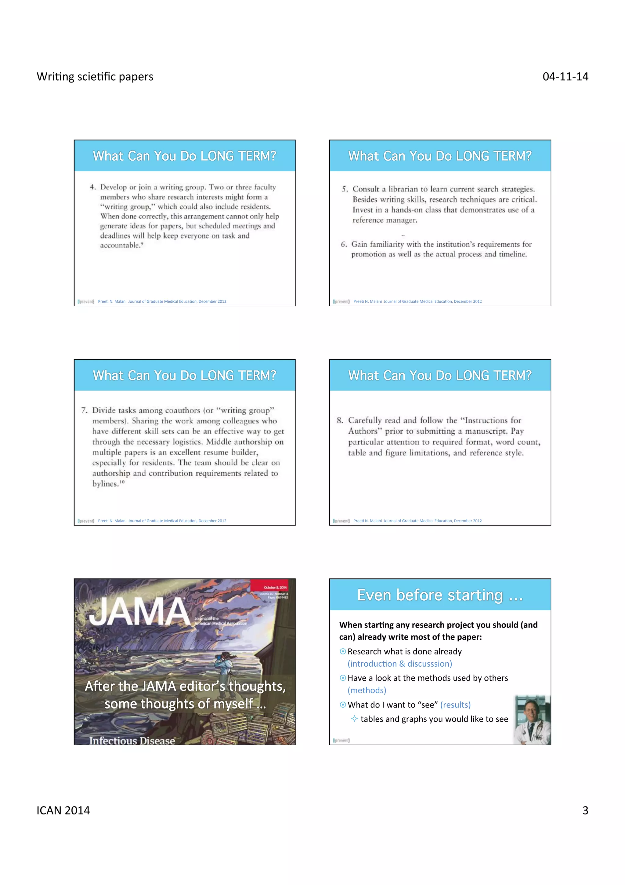 Wri$ng 
scie$fic 
papers 
04-­‐11-­‐14 
Pree$ 
N. 
Malani 
Journal 
of 
Graduate 
Medical 
Educa$on, 
December 
2012 
Pree$ 
N. 
Malani 
Journal 
of 
Graduate 
Medical 
Educa$on, 
December 
2012 
Pree$ 
N. 
Malani 
Journal 
of 
Graduate 
Medical 
Educa$on, 
December 
2012 
Pree$ 
N. 
Malani 
Journal 
of 
Graduate 
Medical 
Educa$on, 
December 
2012 
When 
star1ng 
any 
research 
project 
you 
should 
(and 
can) 
already 
write 
most 
of 
the 
paper: 
¤ Research 
what 
is 
done 
already 
(introduc$on 
& 
discusssion) 
¤ Have 
a 
look 
at 
the 
methods 
used 
by 
others 
(methods) 
¤ What 
do 
I 
want 
to 
“see” 
(results) 
² 
tables 
and 
graphs 
you 
would 
like 
to 
see 
ICAN 
2014 
3 
 