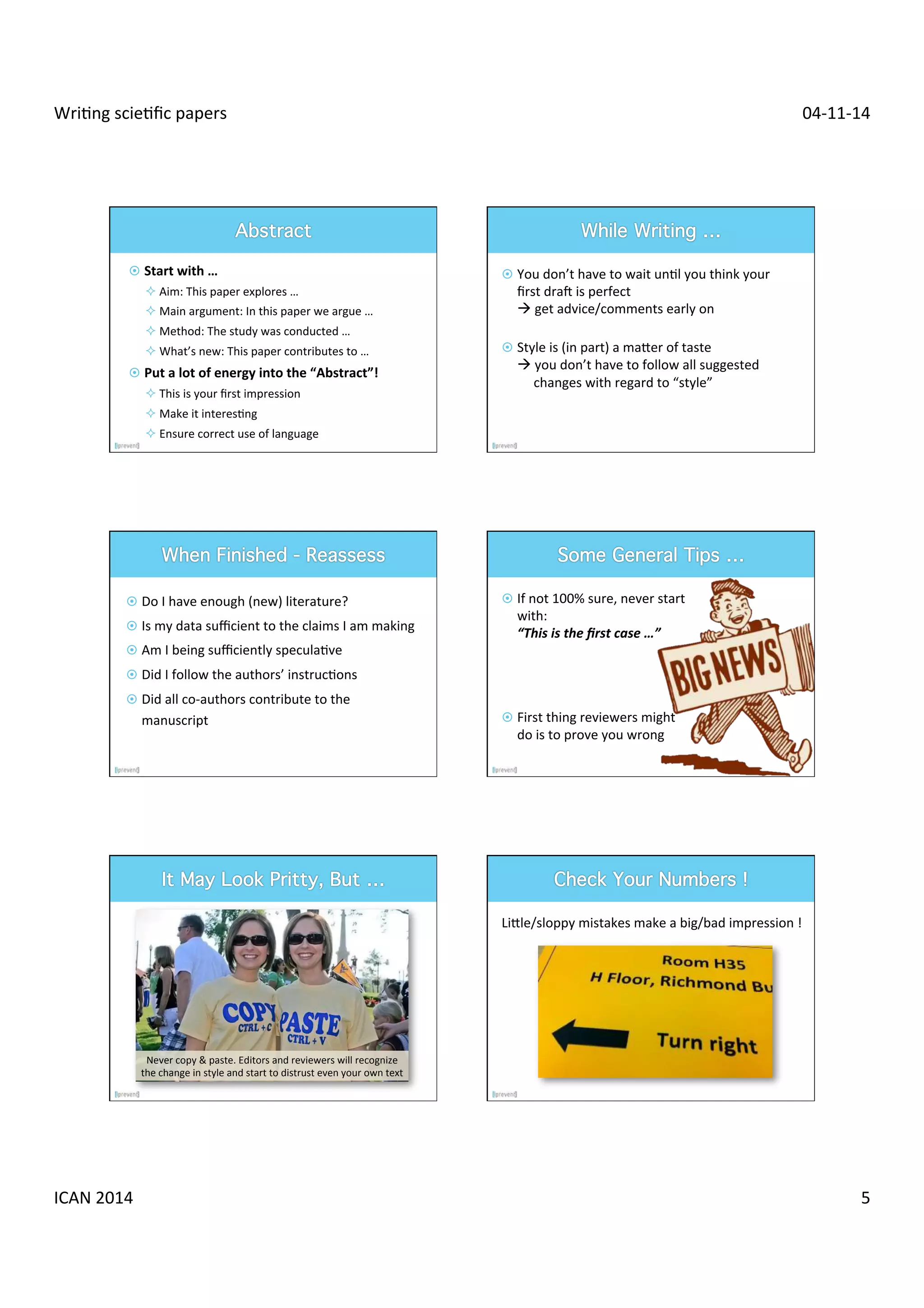 Wri$ng 
scie$fic 
papers 
04-­‐11-­‐14 
¤ 
Start 
with 
… 
² 
Aim: 
This 
paper 
explores 
… 
² 
Main 
argument: 
In 
this 
paper 
we 
argue 
… 
² 
Method: 
The 
study 
was 
conducted 
… 
² 
What’s 
new: 
This 
paper 
contributes 
to 
… 
¤ 
Put 
a 
lot 
of 
energy 
into 
the 
“Abstract”! 
² 
This 
is 
your 
first 
impression 
² 
Make 
it 
interes$ng 
² 
Ensure 
correct 
use 
of 
language 
¤ 
You 
don’t 
have 
to 
wait 
un$l 
you 
think 
your 
first 
dram 
is 
perfect 
à 
get 
advice/comments 
early 
on 
¤ 
Style 
is 
(in 
part) 
a 
maer 
of 
taste 
à 
you 
don’t 
have 
to 
follow 
all 
suggested 
changes 
with 
regard 
to 
“style” 
¤ 
Do 
I 
have 
enough 
(new) 
literature? 
¤ 
Is 
my 
data 
sufficient 
to 
the 
claims 
I 
am 
making 
¤ 
Am 
I 
being 
sufficiently 
specula$ve 
¤ 
Did 
I 
follow 
the 
authors’ 
instruc$ons 
¤ 
Did 
all 
co-­‐authors 
contribute 
to 
the 
manuscript 
¤ 
If 
not 
100% 
sure, 
never 
start 
with: 
“This 
is 
the 
first 
case 
…” 
¤ 
First 
thing 
reviewers 
might 
do 
is 
to 
prove 
you 
wrong 
Never 
copy 
& 
paste. 
Editors 
and 
reviewers 
will 
recognize 
the 
change 
in 
style 
and 
start 
to 
distrust 
even 
your 
own 
text 
Lile/sloppy 
mistakes 
make 
a 
big/bad 
impression 
! 
ICAN 
2014 
5 
 