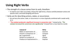 Using Right Verbs
• The strength of a clause comes from its verb, therefore:
• to express your ideas accurately, choose the right tense, choose carefully between active and
passive voice, and avoid dangling verb forms
• Verbs are for describing actions, states, or occurrences
• do not bury the action, state, or occurrence in a noun (typically combined with a weak verb),
as in
• "The catalyst produced a significant increase in conversion rate." Instead write, "The
catalyst increased the conversion rate significantly.“ (moved from a noun back to a verb)
instead of Write
Make an examination of . . . examine
Present a comparison of . . . compare
Be in agreement . . . agree
Perform an analysis of . . . analyze
Produce an improvement in . . . improve
 
