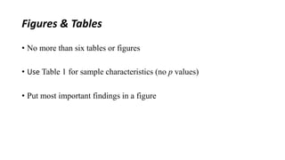 Figures & Tables
• No more than six tables or figures
• Use Table 1 for sample characteristics (no p values)
• Put most important findings in a figure
 