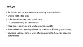 Tables
• Tables are best instruments for presenting numerical data
• Should not be too large
• If data require many rows or columns
• Consider dividing the table into two
• Keep tables as simple and uncluttered as possible
• Row and column headings should be brief but sufficiently explanatory
• Standard abbreviations of units of measurements should be added in
parentheses
 