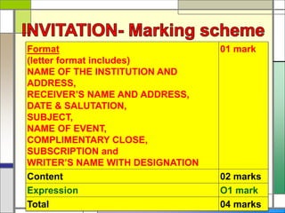 Format
(letter format includes)
NAME OF THE INSTITUTION AND
ADDRESS,
RECEIVER’S NAME AND ADDRESS,
DATE & SALUTATION,
SUBJECT,
NAME OF EVENT,
COMPLIMENTARY CLOSE,
SUBSCRIPTION and
WRITER’S NAME WITH DESIGNATION
01 mark
Content 02 marks
Expression O1 mark
Total 04 marks
 