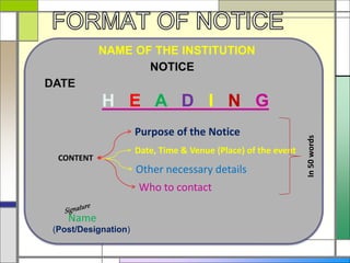 NAME OF THE INSTITUTION
NOTICE
DATE
H E A D I N G
CONTENT
Purpose of the Notice
Date, Time & Venue (Place) of the event
Other necessary details
Who to contact
Name
(Post/Designation)
In50words
 