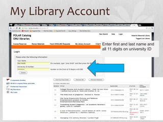My Library Account
Enter first and last name and
all 11 digits on university ID
 