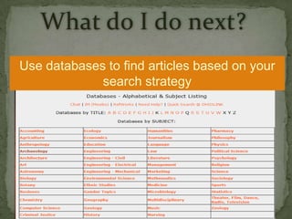 What do I do next?
Use databases to find articles based on your
search strategy

 