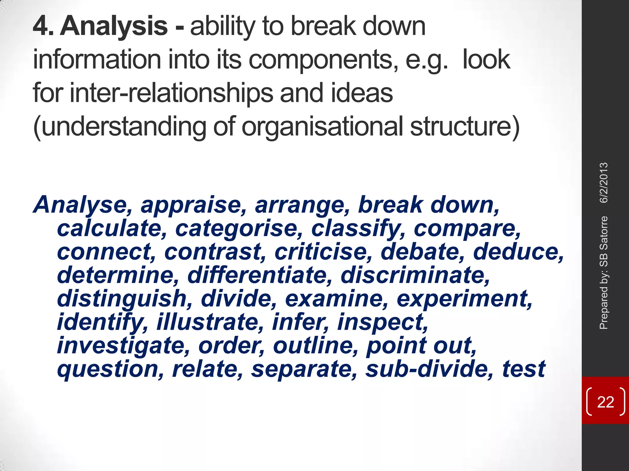 4. Analysis - ability to break down
information into its components, e.g. look
for inter-relationships and ideas
(understanding of organisational structure)
Analyse, appraise, arrange, break down,
calculate, categorise, classify, compare,
connect, contrast, criticise, debate, deduce,
determine, differentiate, discriminate,
distinguish, divide, examine, experiment,
identify, illustrate, infer, inspect,
investigate, order, outline, point out,
question, relate, separate, sub-divide, test
6/2/2013Preparedby:SBSatorre
22
 