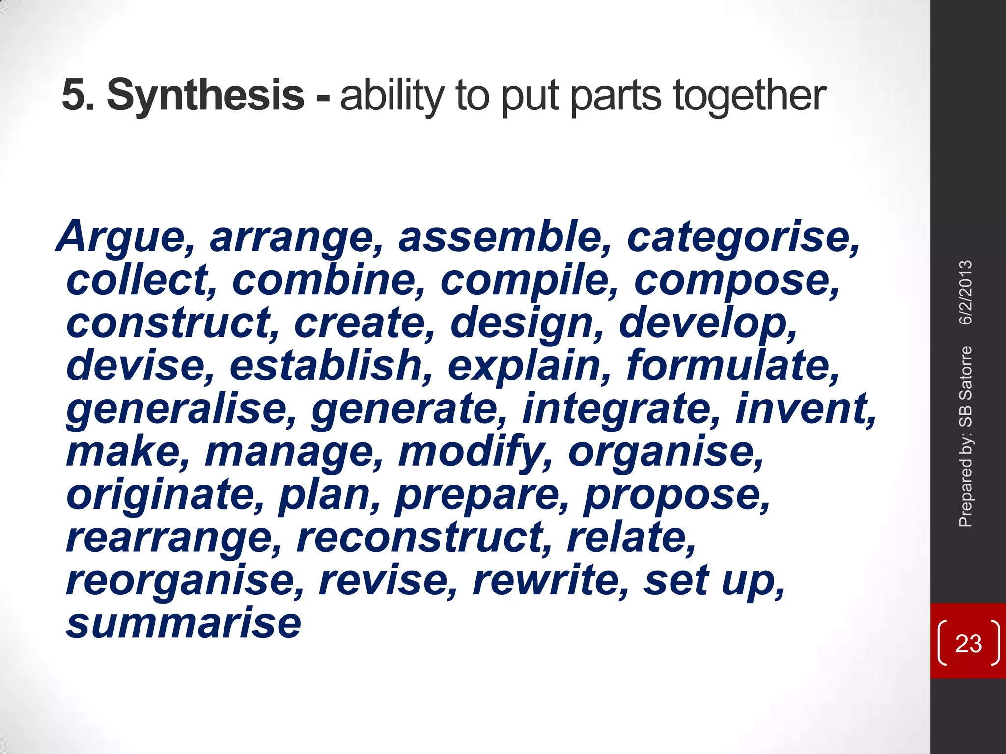 5. Synthesis - ability to put parts together
Argue, arrange, assemble, categorise,
collect, combine, compile, compose,
construct, create, design, develop,
devise, establish, explain, formulate,
generalise, generate, integrate, invent,
make, manage, modify, organise,
originate, plan, prepare, propose,
rearrange, reconstruct, relate,
reorganise, revise, rewrite, set up,
summarise
6/2/2013Preparedby:SBSatorre
23
 