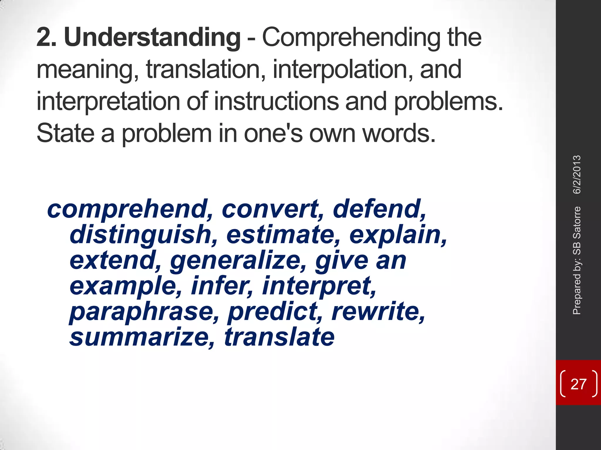 2. Understanding - Comprehending the
meaning, translation, interpolation, and
interpretation of instructions and problems.
State a problem in one's own words.
comprehend, convert, defend,
distinguish, estimate, explain,
extend, generalize, give an
example, infer, interpret,
paraphrase, predict, rewrite,
summarize, translate
6/2/2013Preparedby:SBSatorre
27
 