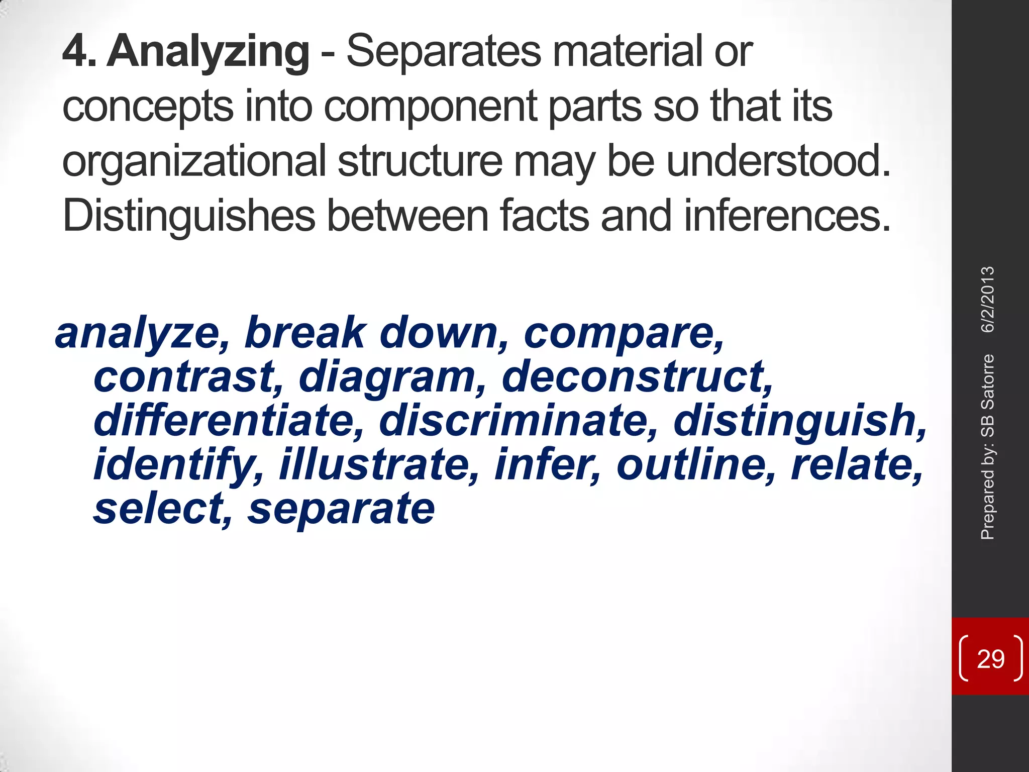 4. Analyzing - Separates material or
concepts into component parts so that its
organizational structure may be understood.
Distinguishes between facts and inferences.
analyze, break down, compare,
contrast, diagram, deconstruct,
differentiate, discriminate, distinguish,
identify, illustrate, infer, outline, relate,
select, separate
6/2/2013Preparedby:SBSatorre
29
 