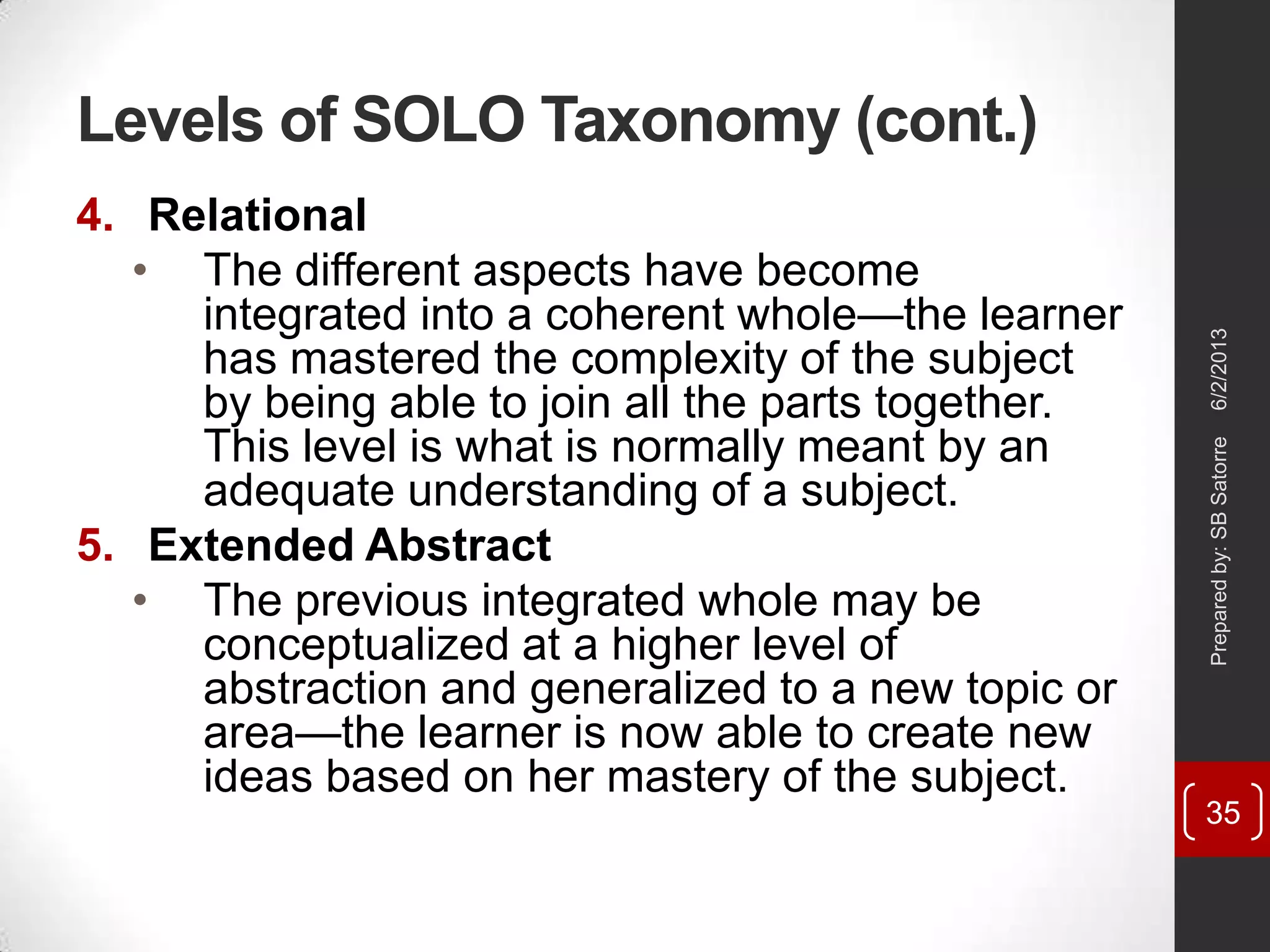 Levels of SOLO Taxonomy (cont.)
4. Relational
• The different aspects have become
integrated into a coherent whole—the learner
has mastered the complexity of the subject
by being able to join all the parts together.
This level is what is normally meant by an
adequate understanding of a subject.
5. Extended Abstract
• The previous integrated whole may be
conceptualized at a higher level of
abstraction and generalized to a new topic or
area—the learner is now able to create new
ideas based on her mastery of the subject.
6/2/2013Preparedby:SBSatorre
35
 