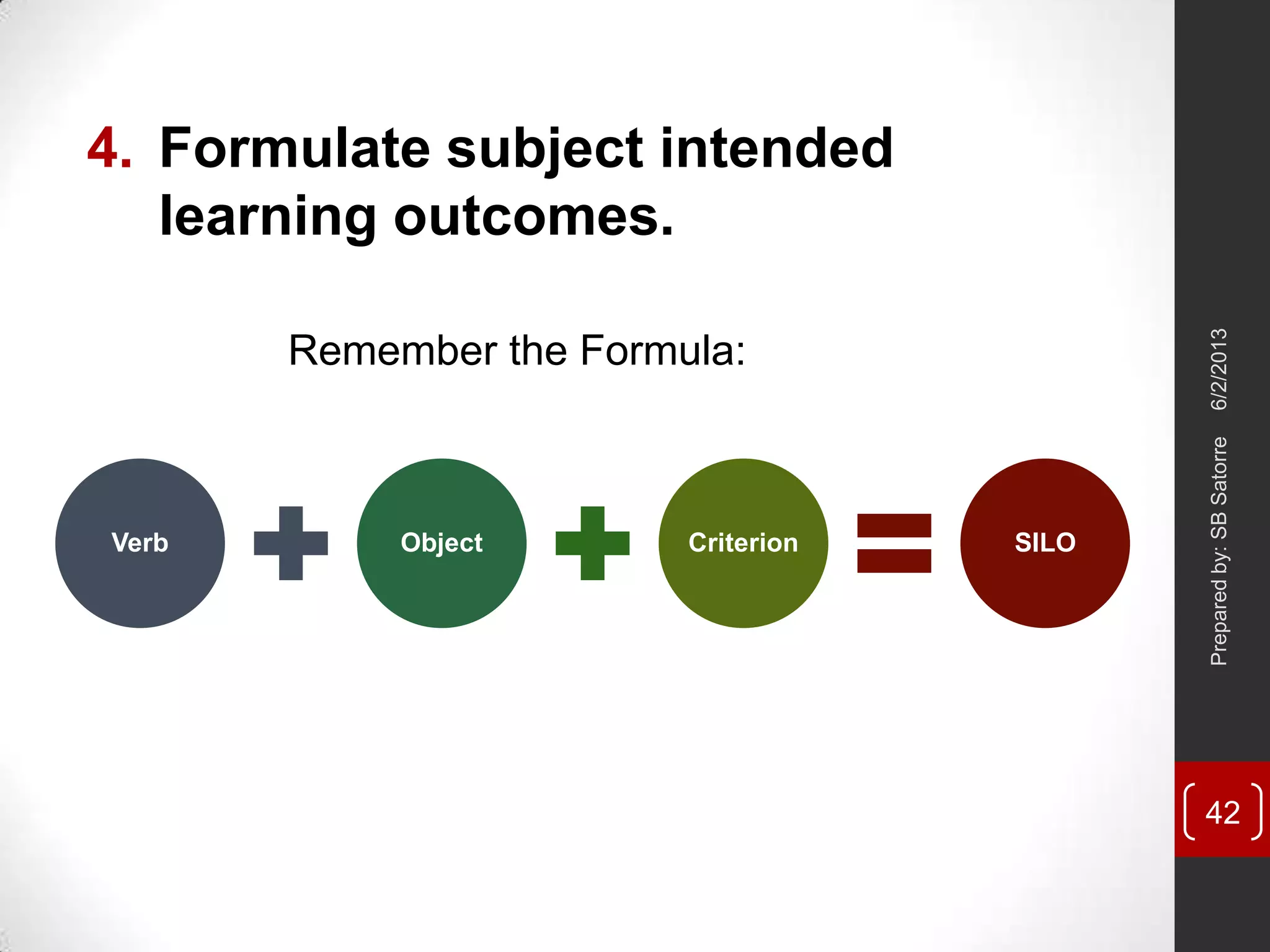 4. Formulate subject intended
learning outcomes.
6/2/2013Preparedby:SBSatorre
42
Remember the Formula:
Verb Object Criterion SILO
 