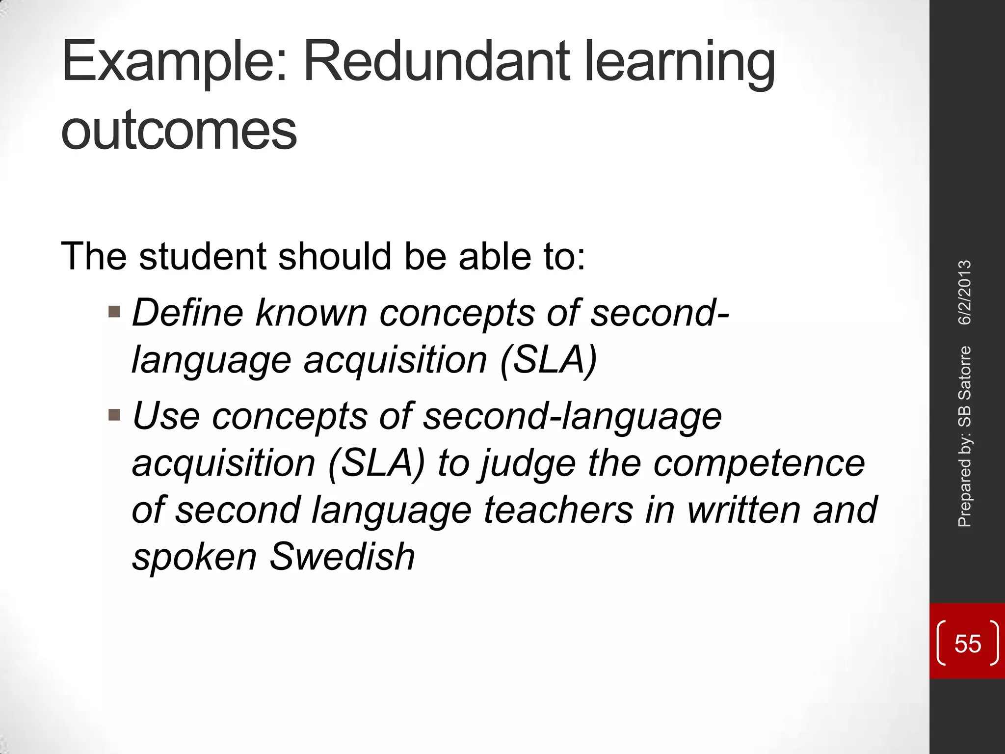 Example: Redundant learning
outcomes
The student should be able to:
 Define known concepts of second-
language acquisition (SLA)
 Use concepts of second-language
acquisition (SLA) to judge the competence
of second language teachers in written and
spoken Swedish
6/2/2013Preparedby:SBSatorre
55
 