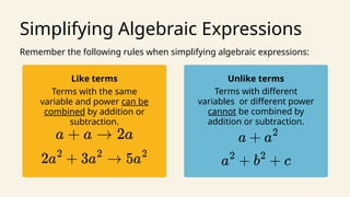Simplifying, Evaluating Algebraic Expressions | PPTX