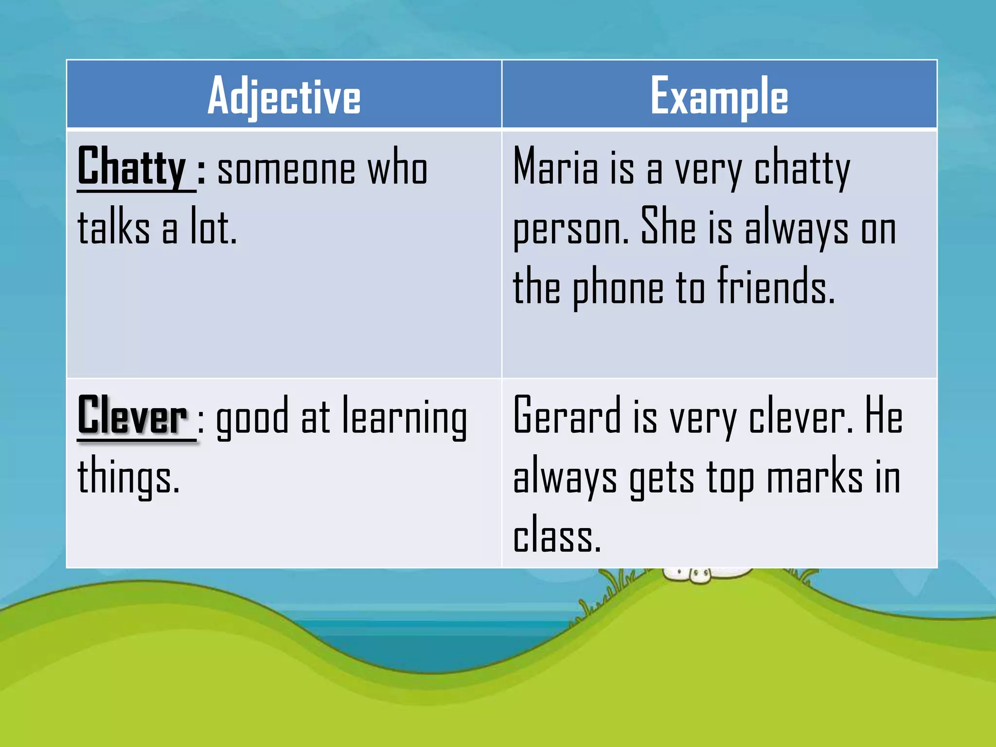 Adjective                 Example
Chatty : someone who      Maria is a very chatty
talks a lot.              person. She is always on
                          the phone to friends.

Clever : good at learning Gerard is very clever. He
things.                   always gets top marks in
                          class.
 
