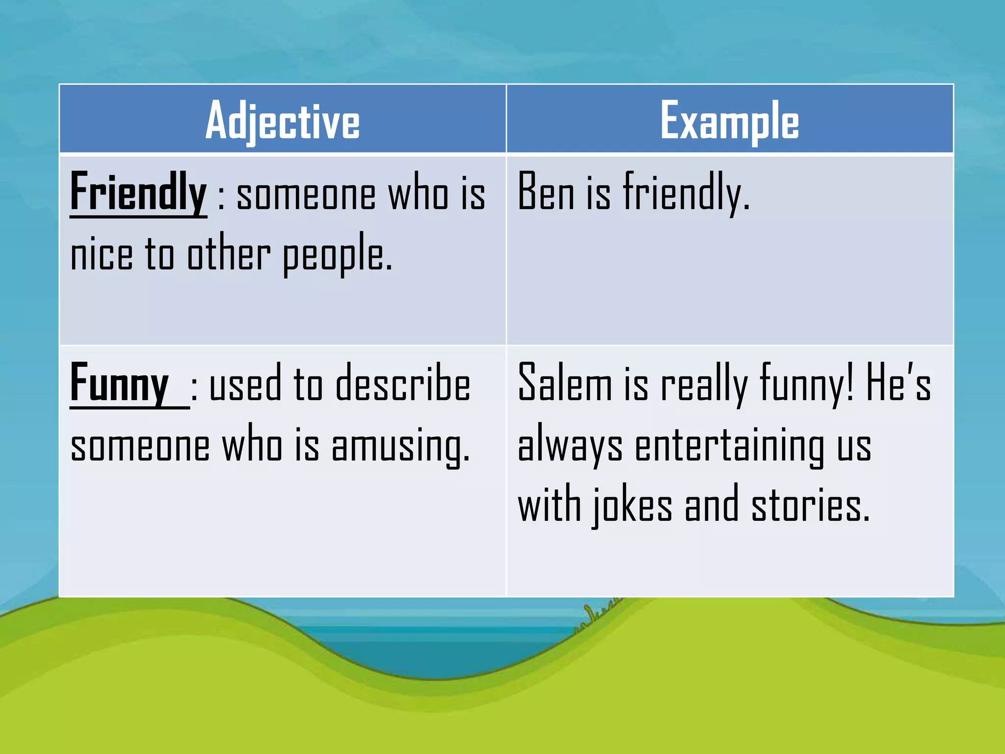 Adjective                  Example
Friendly : someone who is Ben is friendly.
nice to other people.

Funny : used to describe Salem is really funny! He’s
someone who is amusing. always entertaining us
                         with jokes and stories.
 