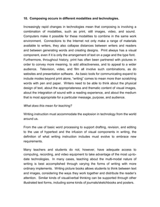 10. Composing occurs in different modalities and technologies.
Increasingly rapid changes in technologies mean that composing is involving a
combination of modalities, such as print, still images, video, and sound.
Computers make it possible for these modalities to combine in the same work
environment. Connections to the Internet not only make a range of materials
available to writers, they also collapse distances between writers and readers
and between generating words and creating designs. Print always has a visual
component, even if it is only the arrangement of text on a page and the type font.
Furthermore, throughout history, print has often been partnered with pictures in
order to convey more meaning, to add attractiveness, and to appeal to a wider
audience. Television, video, and film all involve such combinations, as do
websites and presentation software. As basic tools for communicating expand to
include modes beyond print alone, “writing” comes to mean more than scratching
words with pen and paper. Writers need to be able to think about the physical
design of text, about the appropriateness and thematic content of visual images,
about the integration of sound with a reading experience, and about the medium
that is most appropriate for a particular message, purpose, and audience.
What does this mean for teaching?
Writing instruction must accommodate the explosion in technology from the world
around us.
From the use of basic word processing to support drafting, revision, and editing
to the use of hypertext and the infusion of visual components in writing, the
definition of what writing instruction includes must evolve to embrace new
requirements.
Many teachers and students do not, however, have adequate access to
computing, recording, and video equipment to take advantage of the most up-to-
date technologies. In many cases, teaching about the multi-modal nature of
writing is best accomplished through varying the forms of writing with more
ordinary implements. Writing picture books allows students to think between text
and images, considering the ways they work together and distribute the reader’s
attention. Similar kinds of visual/verbal thinking can be supported through other
illustrated text forms, including some kinds of journals/sketchbooks and posters.
 