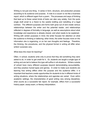 Writing is not just one thing. It varies in form, structure, and production process
according to its audience and purpose. A note to a cousin is not like a business
report, which is different again from a poem. The processes and ways of thinking
that lead up to these varied kinds of texts can also vary widely, from the quick
single draft email to a friend to the careful drafting and redrafting of a legal
contract. The different purposes and forms both grow out of and create various
relationships between the writer and the potential reader, and relationships
reflected in degrees of formality in language, as well as assumptions about what
knowledge and experience is already shared, and what needs to be explained.
Writing with certain purposes in mind, the writer focuses her attention on what
the audience is thinking or believing; other times, the writer focuses more on the
information she is organizing, or on her own thoughts and feelings. Therefore,
the thinking, the procedures, and the physical format in writing all differ when
writers’ purposes vary.
What does this mean for teaching?
Often, in school, students write only to prove that they did something they were
asked to do, in order to get credit for it. Or, students are taught a single type of
writing and are led to believe this type will suffice in all situations. Writers outside
of school have many different purposes beyond demonstrating accountability,
and they practice myriad types and genres. In order to make sure students are
learning how writing differs when the purpose and the audience differ, it is
important that teachers create opportunities for students to be in different kinds of
writing situations, where the relationships and agendas are varied. Even within
academic settings, the characteristics of good writing vary among disciplines;
what counts as a successful lab report, for example, differs from a successful
history paper, essay exam, or literary interpretation.
 