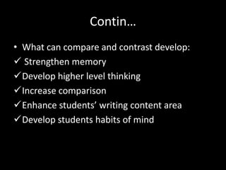 Contin…
• What can compare and contrast develop:
 Strengthen memory
Develop higher level thinking
Increase comparison
Enhance students’ writing content area
Develop students habits of mind
 