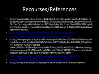 Recourses/References
• http://www.google.co.in/url?sa=t&rct=j&q=&esrc=s&source=web&cd=4&cad=rja
&uact=8&ved=0CDAQFjAD&url=http%3A%2F%2Fwww.olsp.org.uk%2FWebsites%2
FSchSecOurLadyandSaintPatrick%2527sHighSchool%2FUserFiles%2Ffile%2FEnglish
%2FengDisc.doc&ei=HuukVLK6I5SsuQSwxIL4DQ&usg=AFQjCNGSe6XiUgv7p8zVwH
Agt9WnmHOGmQ
• http://www.teach-nology.com/themes/lang_arts/typesofwriting/
• http://www.kent.ac.uk/careers/sk/written-communication.htm
• https://www.google.co.in/search?q=reading+skills&biw=1093&bih=506&source=l
nms&tbm=isch&sa=X&ei=0AOlVMSdNMm9uATVuYDgAg&ved=0CAYQ_AUoAQ#fac
rc=_&imgdii=_&imgrc=0LDgEt-
HORnXPM%253A%3BMdyzrH6xiAZ1xM%3Bhttp%253A%252F%252Fwww.readingt
utorprogram.com%252Fbooks2.jpg%3Bhttp%253A%252F%252Fwww.readingtutor
program.com%252Fabout-the-program.html%3B279%3B500
• http://www.time4learning.com/readingpyramid/Comprehension.htm
• http://www2.le.ac.uk/offices/ld/resources/study/reading
• http://faculty.mdc.edu/hroland/Trash%20to%20Treasure/ChronoOrder.htm
 