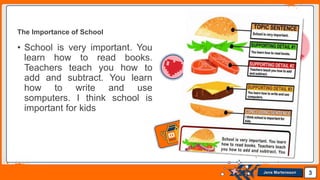 Jens Martensson 3
• School is very important. You
learn how to read books.
Teachers teach you how to
add and subtract. You learn
how to write and use
somputers. I think school is
important for kids
The Importance of School
 