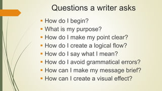 Questions a writer asks
 How do I begin?
 What is my purpose?
 How do I make my point clear?
 How do I create a logical flow?
 How do I say what I mean?
 How do I avoid grammatical errors?
 How can I make my message brief?
 How can I create a visual effect?
 