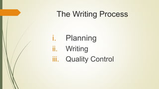 The Writing Process
i. Planning
ii. Writing
iii. Quality Control
 